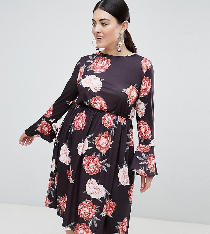 Club L Plus Long Sleeve Rose Print Dress - Black