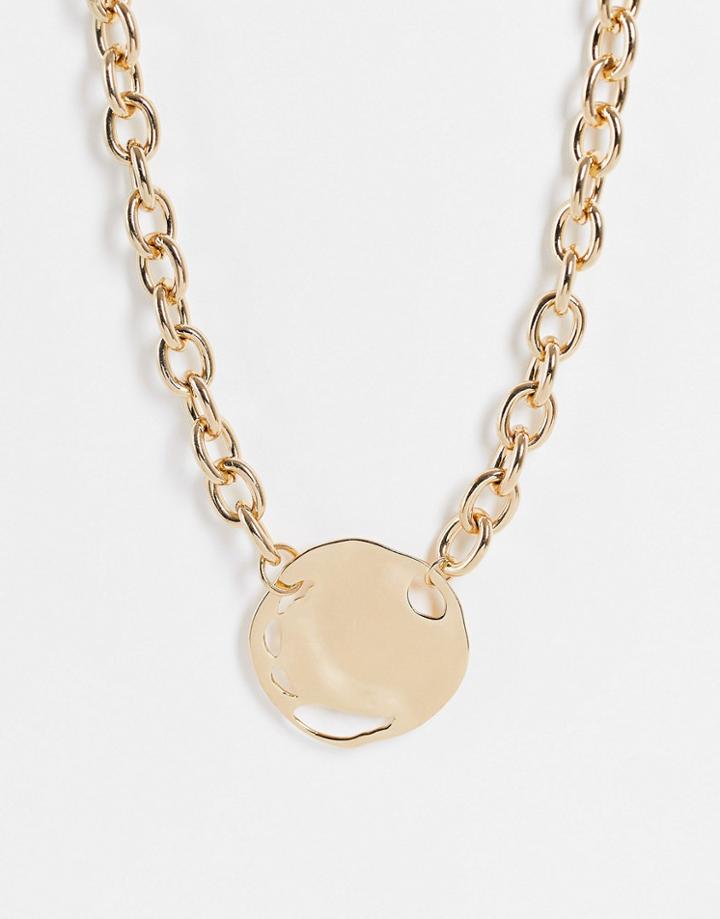 Topshop Oversized Textured Disk Pendant Chain Necklace In Gold