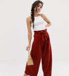 Asos Design Petite Linen Wide Leg Pants With Paperbag Waist And Belt In Spot-multi