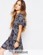 Reclaimed Vintage Button Front Mini Tea Dress With Ruffle Detail In Paisley Print - Blue