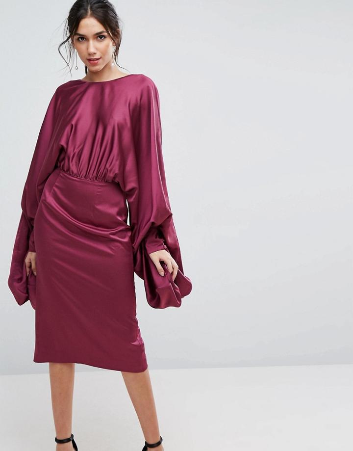 Asos Extreme Sleeve Satin Midi Pencil Dress - Purple