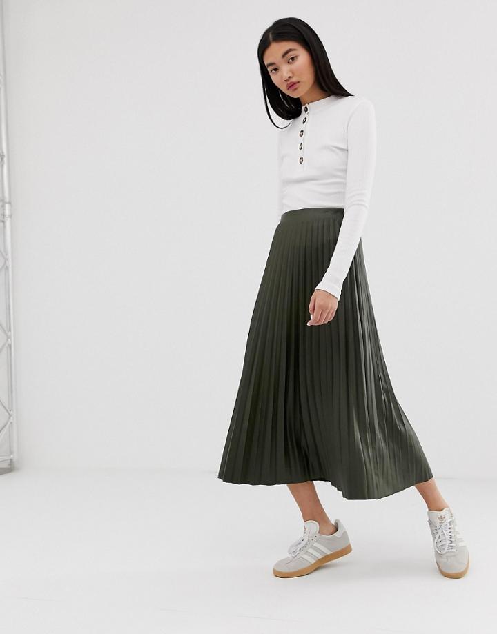 Asos Design Pleated Coated Jersey Midi Skirt - Green