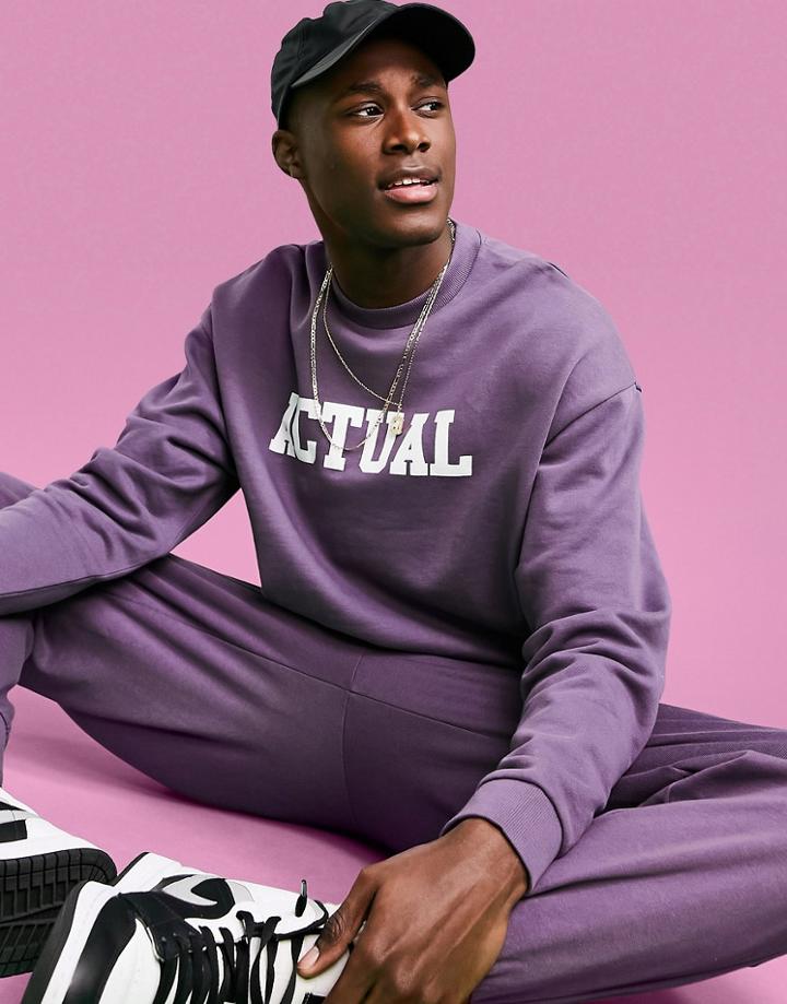 Asos Actual Oversized Sweatshirt In Purple With Front Varsity Logo Print
