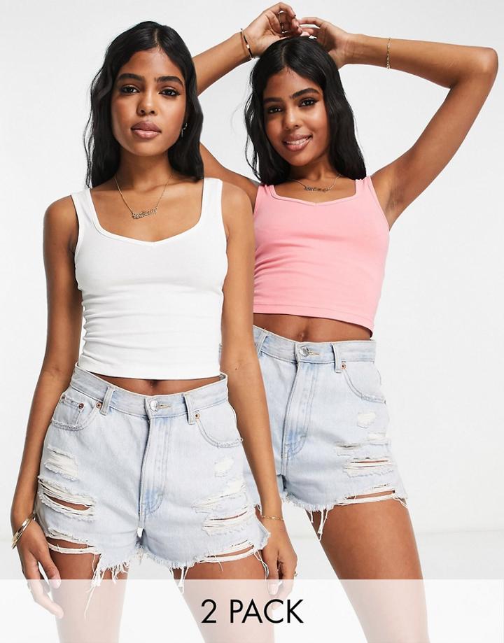 Miss Selfridge 2 Pack Sleeveless Sweetheart Neck Crop Top In White And Pink