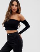 Asos Design Fuller Bust Long Sleeve Off Shoulder Super Crop Top-black