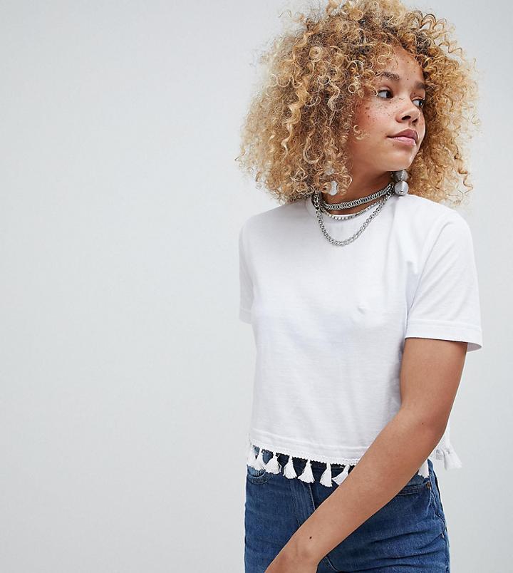 Asos Design Petite Crop T-shirt With Tassel Hem - White