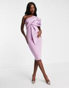 Asos Design Peekaboo Shoulder Tuck Midi Pencil Dress In Lilac-purple