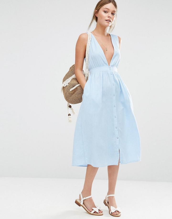 New Look Button Through Pinny Dress - Blue