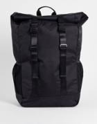 Asos Design Oversized Backpack With Roll Top And Front Pocket In Black Nylon