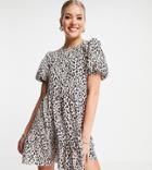 Asos Design Tall Puff Sleeve Tiered Smock Mini Dress In Natural Animal Print-multi