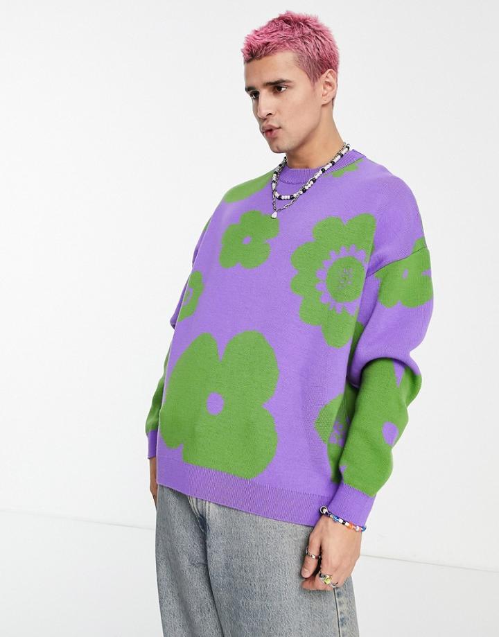 Asos Design Knit Floral Sweater In Purple & Green