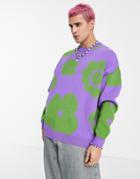Asos Design Knit Floral Sweater In Purple & Green