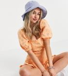 Asos Design Petite Broderie Mini Dress With Square Neck And Puff Sleeves In Coral-orange