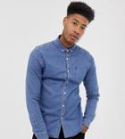Asos Design Tall Stretch Slim Denim Shirt In Mid Wash-blue