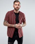 Asos Regular Fit Viscose Stripe Shirt With Revere Collar In Red - Red