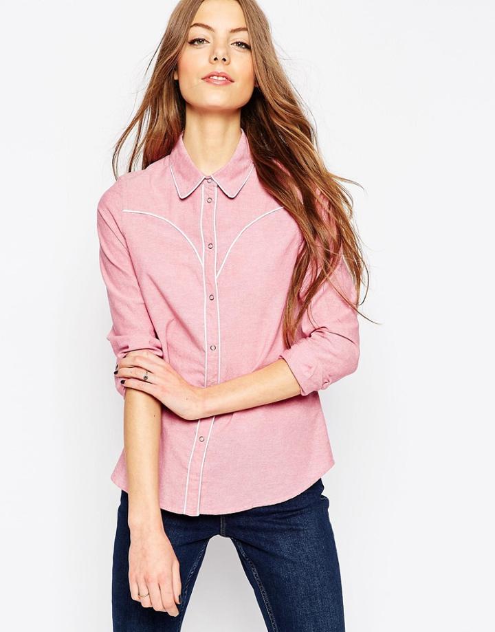 Asos Fitted Chambray Shirt With Piping - Red