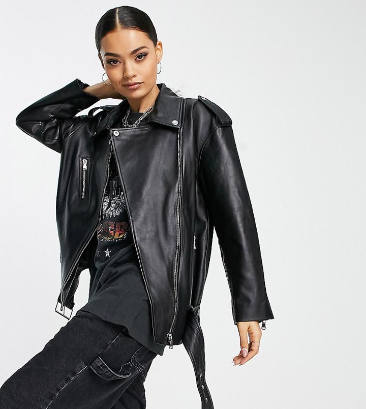 Asos Design Petite Oversized Leather Biker Jacket In Black