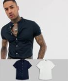 Asos Design Skinny Shirt 2 Pack In White And Blue With Grandad Collar Save - Multi