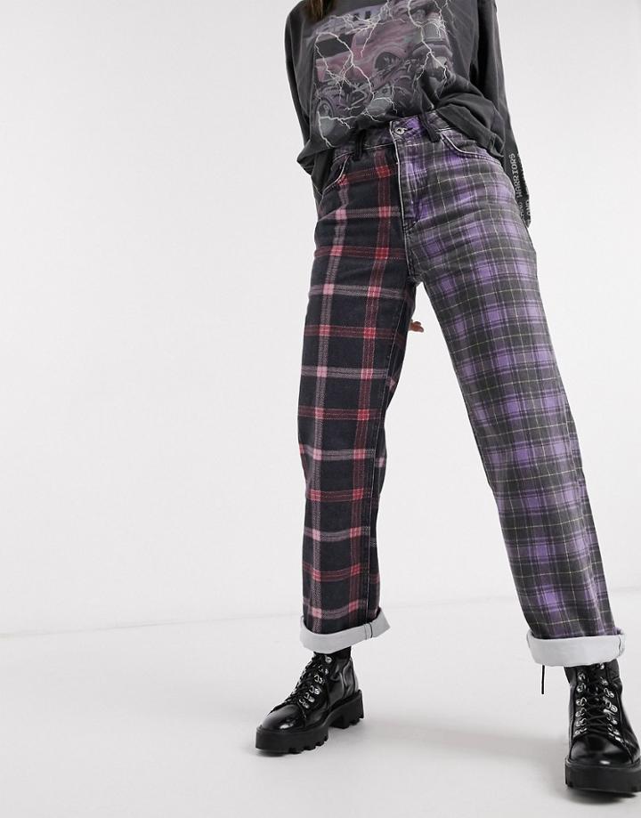 The Ragged Priest Dad Jeans In Half And Half Plaid Denim-purple