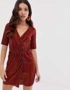 Asos Design Plisse Dress With Buttons-red