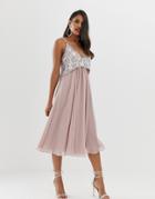 Asos Design Cami Midi Dress With Pearl And Embellished Crop Top Bodice - Pink