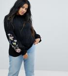 Asos Curve Top With Embroidered Sleeve - Navy