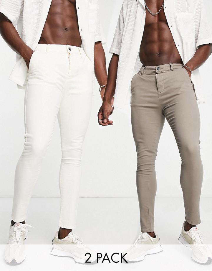 Asos Design 2 Pack Power Stretch Chinos In Off White And Brown Save-multi