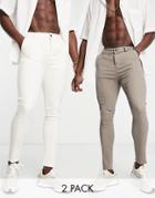 Asos Design 2 Pack Power Stretch Chinos In Off White And Brown Save-multi