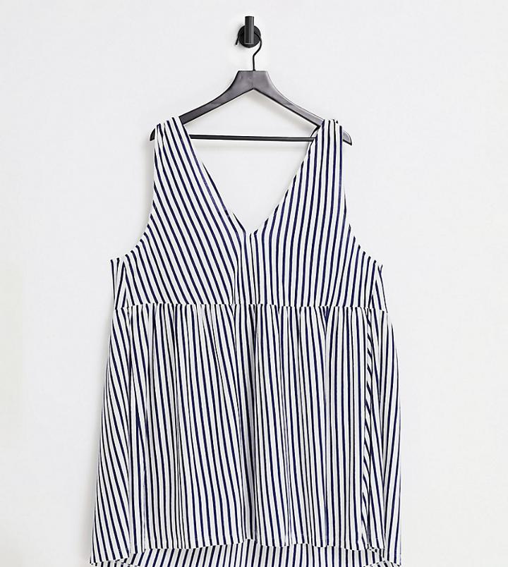 Asos Design Curve Bunny Tie Shoulder Mini Smock Dress In Navy And White Stripe
