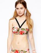 Asos Rose Print Padded Longline Woven Bikini Top - Floral Print