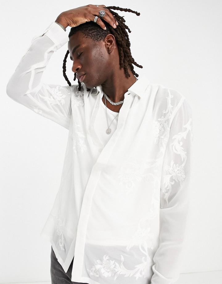 Asos Design Regular Sheer Shirt With Floral Embroidery In White