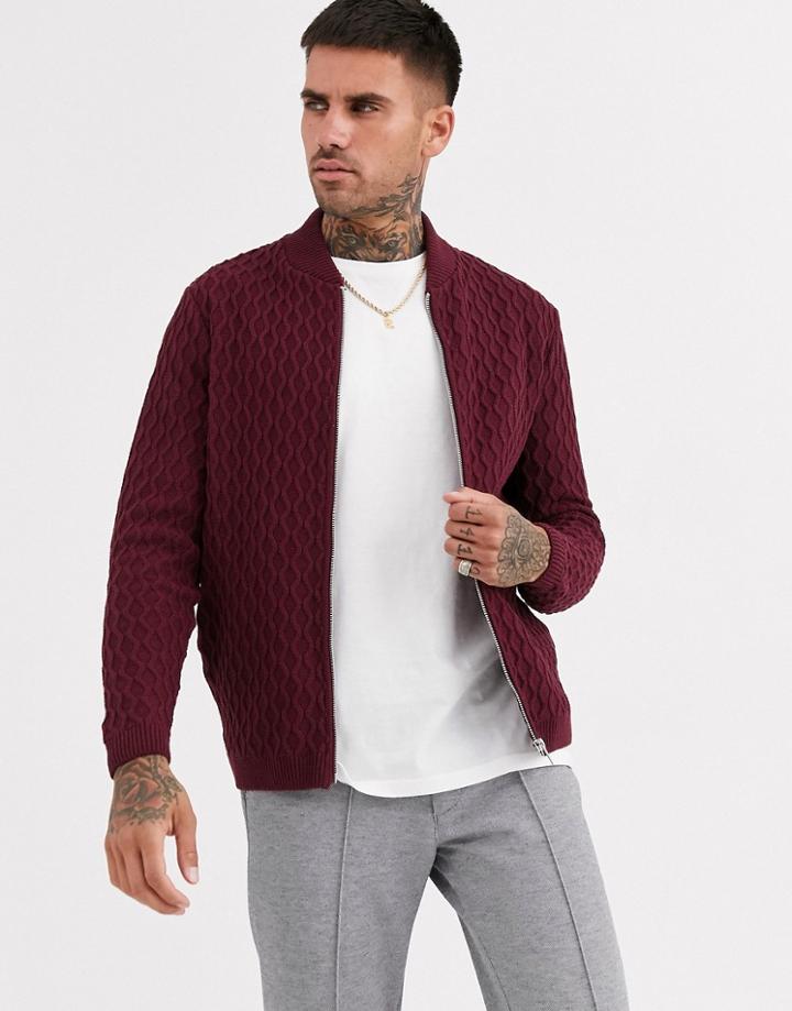 Asos Design Knitted Textured Bomber Jacket In Burgundy