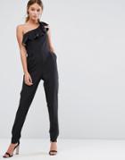 Little Mistress One Shoulder Frill Jumpsuit With Narrow Leg - Black