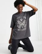 Asos Design Oversized T-shirt With Butterfly Solstice Graphic In Charcoal-grey