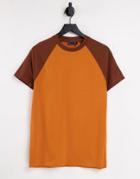Asos Design T-shirt In Burnt Orange With Contrast Brown Raglan Sleeves