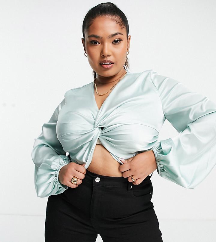 Yaura Plus Satin Twist Shirt With Balloon Sleeve In Sage - Part Of A Set-green