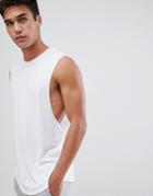 Asos Design Longline Sleeveless T-shirt With Raw Neck And Curved Hem In Linen Mix In White - White