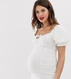 Asos Design Maternity Sweetheart Tie Neck Top With Puff Sleeve-cream