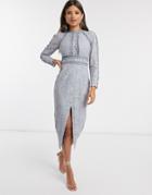 Asos Design Long Sleeve Pencil Dress In Lace With Geo Lace Trims In Blue-blues