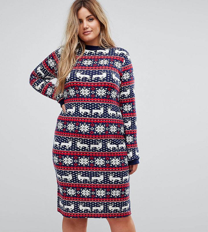Club L Plus Fairisle Holidays Sweater Dress - Multi