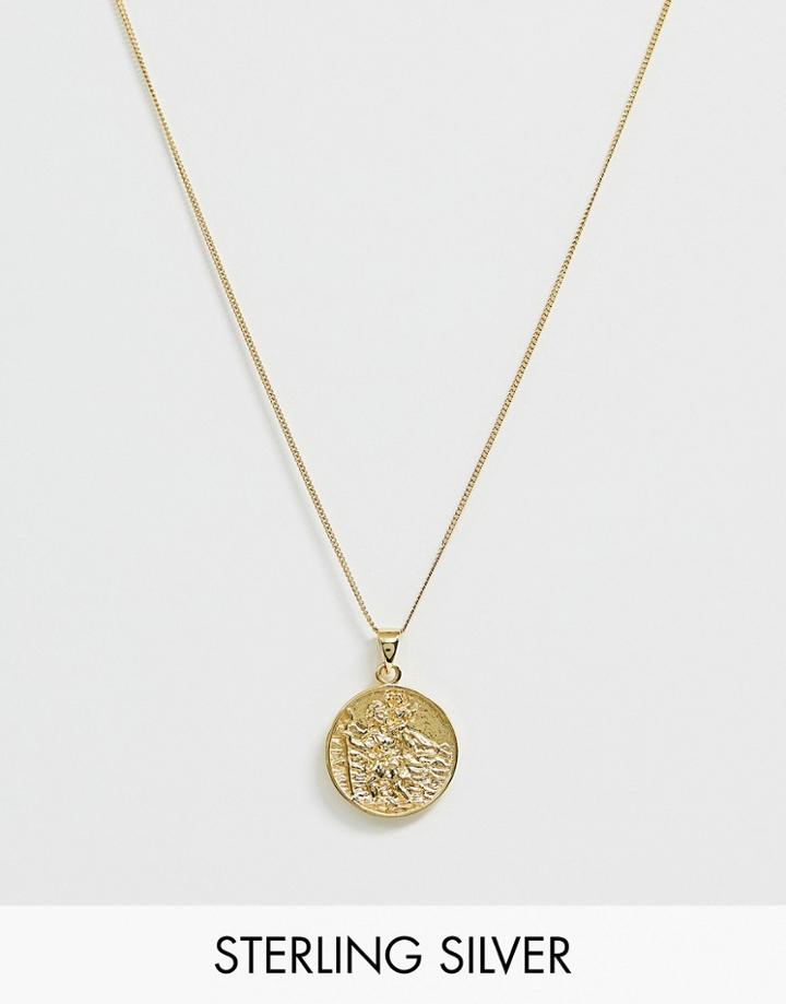 Asos Design Sterling Silver Necklace With St Christopher Pendant With 14k Gold Plate