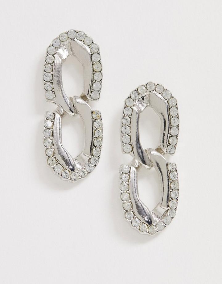 Asos Design Earrings In Crystal Hardware Chain Drop In Silver Tone - Silver