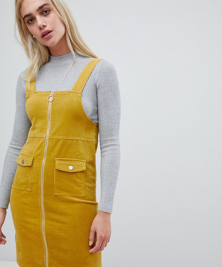 Pieces Zip Front Pinafore Mini Dress In Yellow