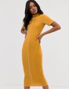 Asos Design Midi Rib Bodycon Dress With Contrast Stitch - Yellow