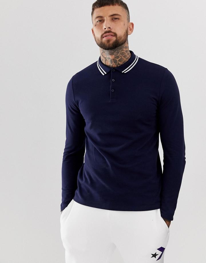 Asos Design Long Sleeve Pique Polo Shirt With Tipping In Navy