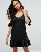 Asos Cold Shoulder Dress With Ruffle Hem - Black