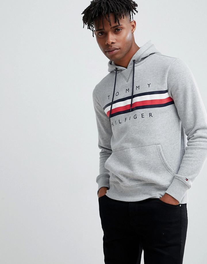 Tommy Hilfiger Icon Stripe Logo Print Hoodie In Gray Marl - Gray