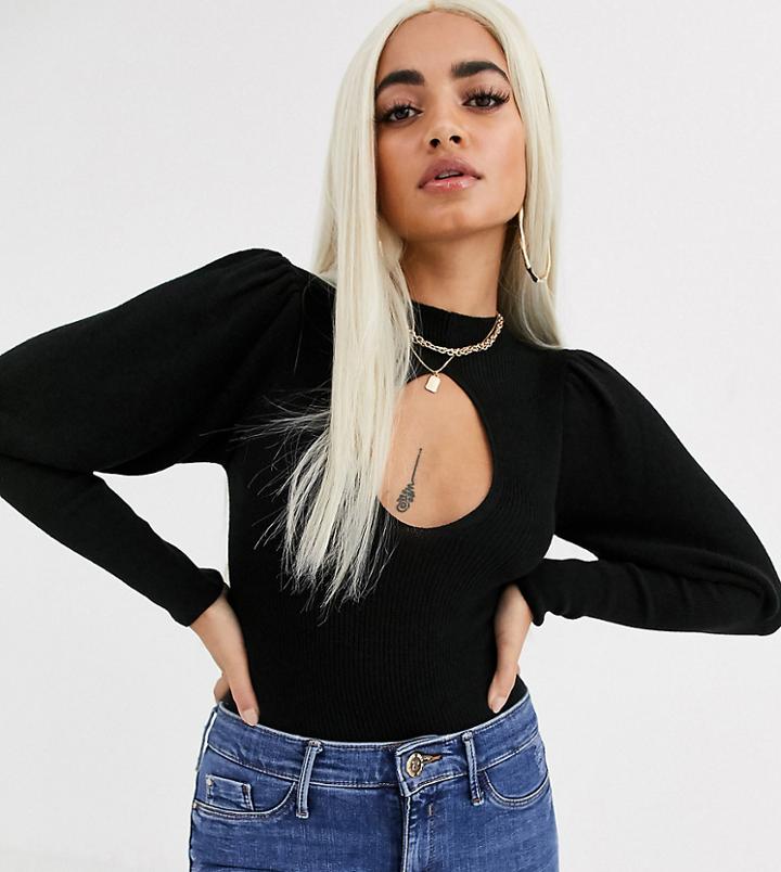 Asos Design Petite Fine Sweater With Cut Out Detail And Volume Sleeve-black