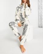 Chelsea Peers Cozy Leopard Zip Front Sweatshirt And Sweatpants Set In Cream-white
