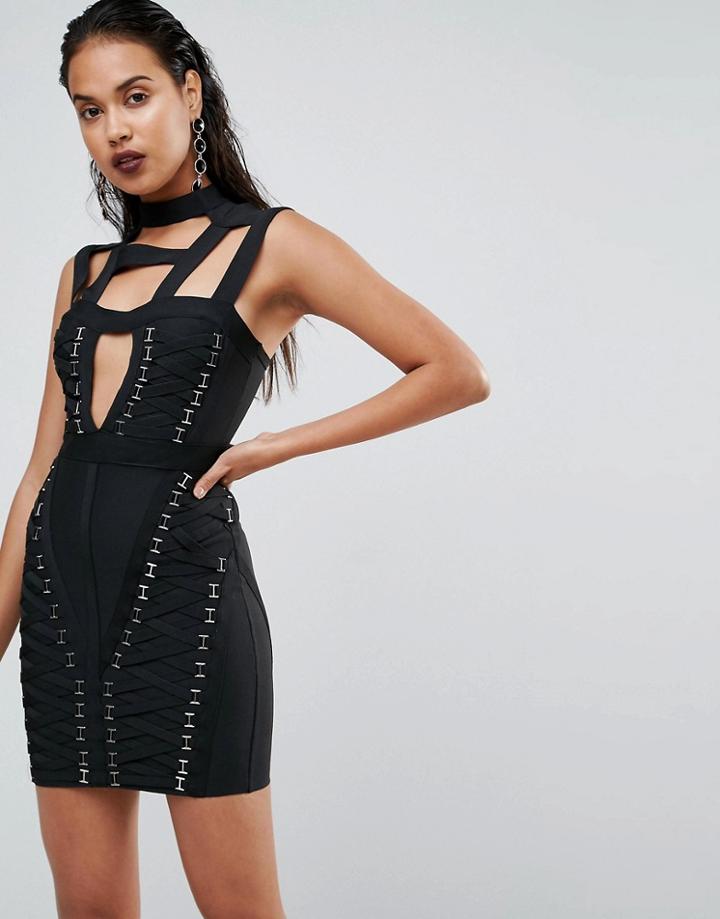 Boohoo Premium Bandage Lattice Detail Bodycon Dress - Black